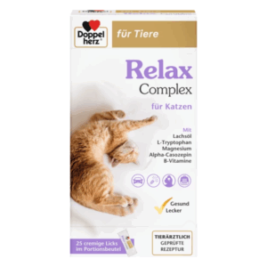 Verpackung von Doppelherz Relax Complex für Katzen mit einem braun getigerten Kätzchen und Inhaltsstoffen auf der Vorderseite.