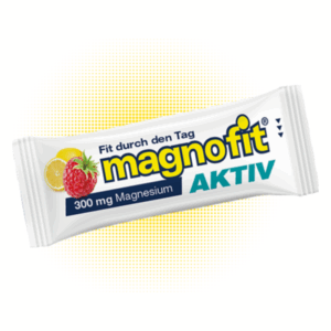 Verpackung von magnofit Aktiv mit Beeren- und Zitronendesign, enthält 300 mg Magnesium.