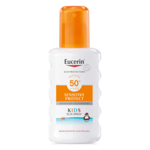 Flasche Eucerin Kids Sun Spray mit hohem Lichtschutzfaktor 50+, weiß-orange Verpackung, medizinische Hautpflege.