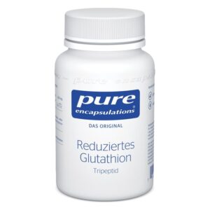 Weißer Flakon mit Deckel, beschriftet mit 'reduziertes Glutathion' und 'pure encapsulations'.