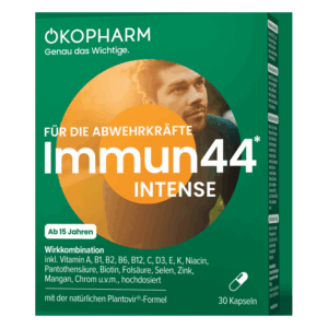 Verpackung des Produkts Immun44 Intense zur Unterstützung der Abwehrkräfte, mit ansprechendem Design und Inhaltsstoffen.