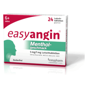 Verpackung von easyangin Menthol-Lutschtabletten mit 24 gepressten Tabletten, zuckerfrei, für Erwachsene und Kinder ab 6 Jahren.