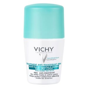 Antitranspirant von Vichy in Roll-On-Form, mit hellem Flakon und türkisfarbenem Deckel, hypoallergen und alkoholfrei.