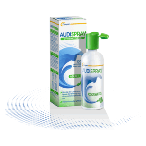 AUDISPRAY Ohrenspray in einer weißen Flasche mit grünem Sprühkopf und dazugehöriger Verpackung, die die Anwendung erklärt.