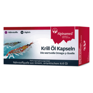 Verpackung von Krill Öl Kapseln mit Hinweis auf omega-3 Quelle und Nährstoffinformation, Illustrationen von Krill, Marke Alpinamed.