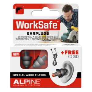 Verpackung von Arbeitsohrstöpseln mit schwarzem Produkt, abgebildet daneben eine Ohransicht.