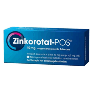 Verpackung von Zinkorotat-POS 40 mg, magensaftresistente Tabletten zur Zinktherapie, blauer Karton mit Produktinformation.