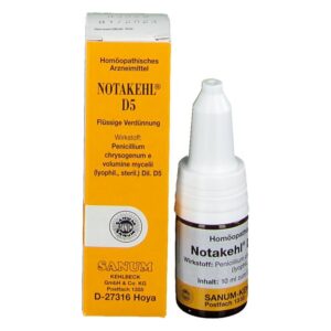 Homöopathisches Arzneimittel Notakehl D5 in einer weißen Flasche mit orangefarbenem Karton, enthält Flüssige Verdünnung.