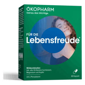 Verpackung für Nahrungsergänzungsmittel mit dem Schriftzug 'Für die Lebensfreude', inkl. B-Vitamine, Magnesium und Kupfer.