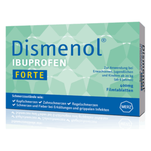 Verpackung von Dismenol Ibuprofen Forte, 400 mg Filmtabletten zur Schmerzlinderung bei verschiedenen Beschwerden.