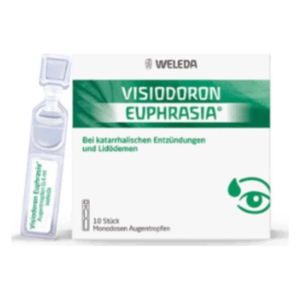 Packung mit Weleda Visiodoron Euphrasia Augentropfen in Monodosen, zur Behandlung von Augenentzündungen.