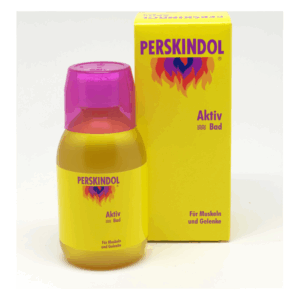 Flasche mit gelber Verpackung und lila Deckel, PERSKINDOL Aktiv Bad für Muskeln und Gelenke.