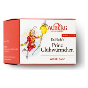 Verpackung von Dr. Klade's Prinz Glühwürmchen Wickelsalz mit Illustrationen eines Glühwürmchens und einer Zitrone.