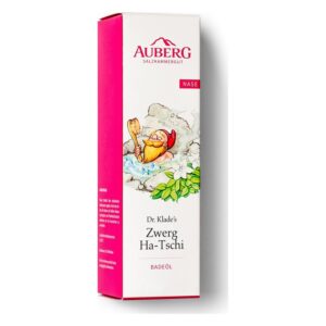 Verpackung von Dr. Klades Zwerg Ha-Tschi Badeöl mit Illustration eines Zwergs und Pflanzenmotiven.