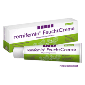 remifemin FeuchtCreme in einer Tube mit einem weißen Karton, beschreibt eine pflegende Vaginalcreme gegen Scheidentrockness.