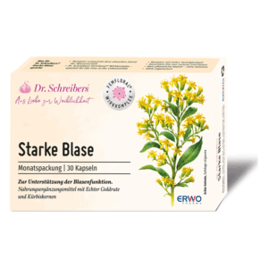 Verpackung von Dr. Schreibers Starke Blase, Monats-Packung mit 30 Kapseln, abgebildete Pflanze und Produktinformationen sichtbar.
