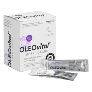 Verpackung von OLEOvital EISEN CLASSIC mit 30 Sachets für Nahrungsergänzungsmittel mit Eisen und Vitaminen.