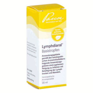 Packung mit homöopathischen Arznei-Tropfen Lymphdiaral, siehe Anwendung bei Infektionen der Lymphknoten und Mandeln.