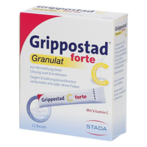 Verpackung von Grippostad forte Granulat zur Herstellung einer Lösung gegen Erkältungskrankheiten, enthält Vitamin C.
