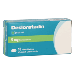 Packung mit Desloratadin Filmtabletten, 5 mg, für Allergiebehandlung, turquoise und grüne Farbgestaltung.