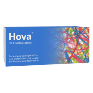 Packung Hova mit 60 Filmtabletten für nervöse Schlafstörungen und Unruhe, bunte grafische Gestaltung.