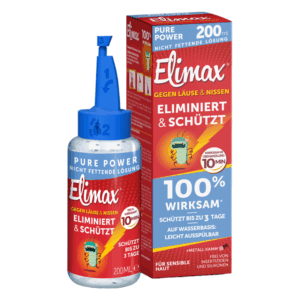 200 ml Flasche Elimax zur Bekämpfung von Läusen und Nissen, inklusive Verpackung mit Anwendungsinformationen.