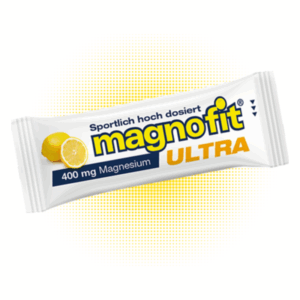 Verpackung eines Nahrungsergänzungsmittels mit Zitronenmotiv, 400 mg Magnesium, sportliche Dosierung angegeben.