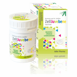 Weißer Behälter mit runder Kappe, beschriftet mit "ZellJuvene" und bunten geometrischen Mustern, daneben eine Verpackung.