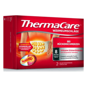Verpackung von ThermaCare Wärmumschlägen zur Schmerztherapie bei Rückenschmerzen.