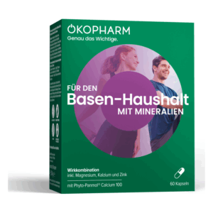 Verpackung von Okopharm Basen-Haushalt mit Mineralien, inklusive Magnesium, Kalzium und Zink, in Kapseln.