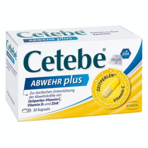 Packung mit Cetebe ABWEHR plus, zur Unterstützung der Abwehrkräfte, enthält Kapseln mit Vitaminen und Zink.