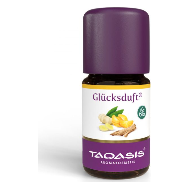 Braune Flasche mit lila Kappe, beschriftet mit "Glücksduft®" und einem Bio-Symbol, zeigt Duftkomponenten.