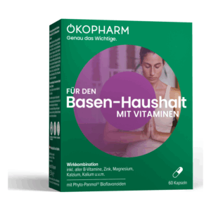 Verpackung für Basen-Haushalt mit Vitaminen, grüne Box mit lila Akzenten und Abbildung einer meditiierenden Frau.