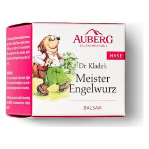 Packung mit Balsam für die Nase, mit einem lustigen Illustrationsmotiv und der Aufschrift 'Meister Engelwurz'.