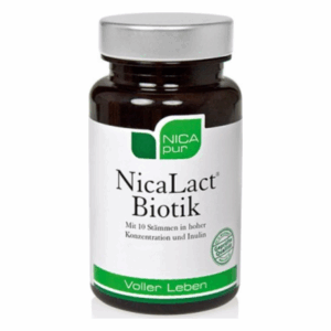 Braunes Glasgefäß mit silbernem Deckel, etikettiert mit NicaLact Biotik und Inhaltsangaben.