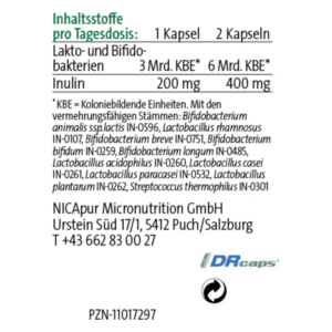 Produktinformation für Nahrungsergänzungsmittel mit Inhaltsstoffen und Dosierungshinweisen.