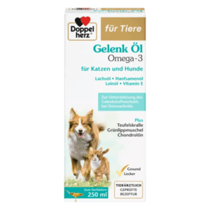 Verpackung von Gelenköl für Katzen und Hunde mit Inhaltsstoffen wie Lachsöl und Hanfsamenöl, 250 ml.