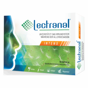 Verpackung von Lectranal zur Unterstützung des Immunsystems während der Allergiesaison, mit Pollenabbildungen.