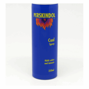 Dunkelblauer Spraybehälter mit der Aufschrift „PERSKINDOL Cool Spray“ und dem Hinweis auf kühlende Wirkung.