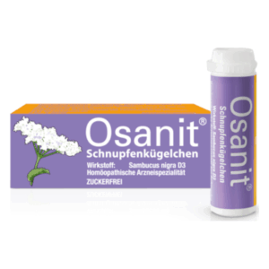 Verpackung von Osanit Schnupfenkügelchen, lila mit weißem Blütenmotiv, enthält Wirkstoff Sambucus nigra D3, zuckerfrei.
