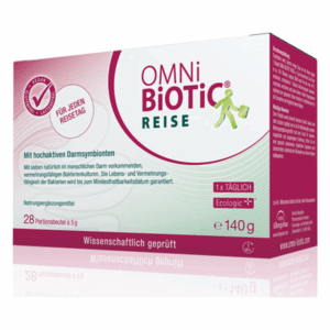 Verpackung von OMNi BiOTiC REISE, einem Nahrungsergänzungsmittel mit hochaktiven Darm-Symbionten für Reisen.