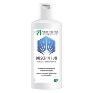 Flasche mit Duschgel namens 'DUSCH'N FUN' von Adler Pharma, mit blauem Logo und mineralstoffhaltiger Formulierung.
