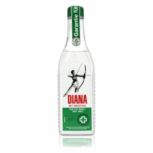 Flasche mit klarer Flüssigkeit, beschriftet mit 'DIANA mit Menthol' und einem historischen Logo mit einem Bogenschützen.