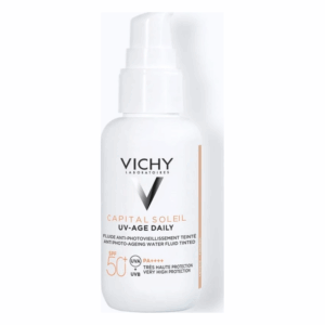 Vichy Sonnenpflege-Flasche mit Pumpmechanismus, schützende Formel mit SPF 50, helles Design, Anti-Aging Eigenschaften.
