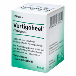 Packung mit Vertigoheel-Tabletten zur Behandlung verschiedener Schwindelzustände in homöopathischer Form.