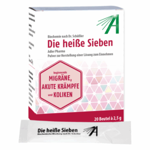 Verpackung von 'Die heiße Sieben' von Adler Pharma, Pulver zur Herstellung einer Lösung gegen Migräne und Krämpfe.