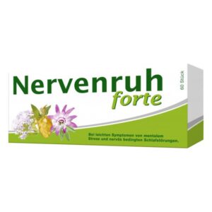 Packung mit dem Produktnamen 'Nervenruh forte', zur Linderung von mentalem Stress und Schlafstörungen.