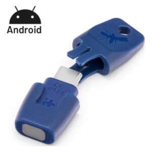 Blauer Smartphone-Stick mit USB-Anschluss und Android-Logo, in geschlossener Position.