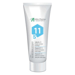 Tube mit Salbe Nr. 11 zur Unterstützung der Haut- und Nagelstruktur, weiß mit blauer Beschriftung.