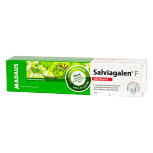 Verpackung der Zahnpasta Salviagalen F mit Fluorid, grüne Box mit floralen Motiven und Logo